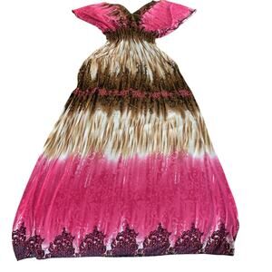 ROMANTIC SINI PINK/CREAM BROWN PATTERN V FRONT & BACK MAXI DRESS SIZE MEDIUM-EUC